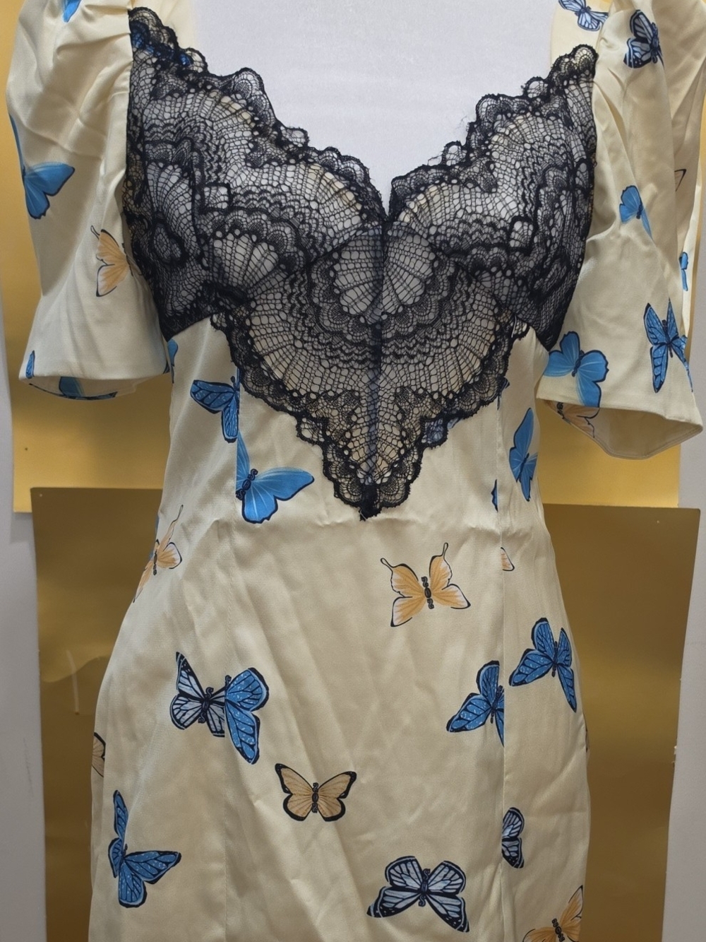 Butterfly Print Cream Mini Dress with Black Lace V-Neck